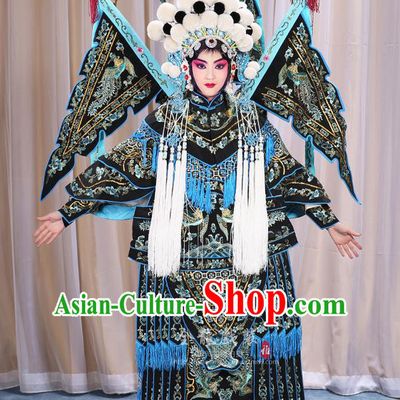 Traditional Chinese Beijing Opera Magic Warriors Black Mu Guiying Clothing and Shoes Complete Set, China Peking Opera Blues Costume Embroidered Robe Opera Costumes