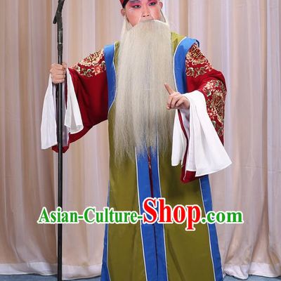 Traditional Chinese Beijing Opera Old Male Green Long Vest and Clothing Complete Set, China Peking Opera Laosheng-role Costume Embroidered Clothing Opera Costumes