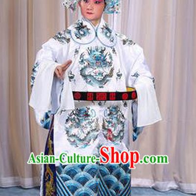 Traditional Chinese Beijing Opera Male White Clothing and Belts Complete Set, China Peking Opera His Royal Highness Costume Embroidered Robe Opera Costumes