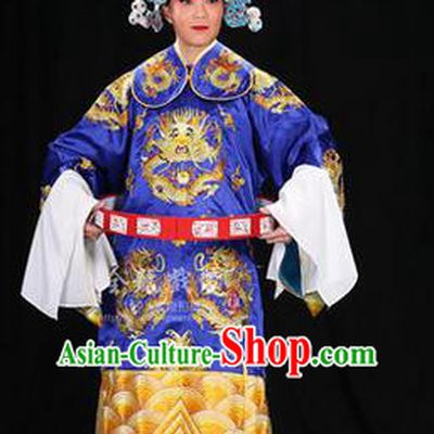 Traditional Chinese Beijing Opera Male Blue Clothing and Belts Complete Set, China Peking Opera His Royal Highness Costume Embroidered Robe Opera Costumes