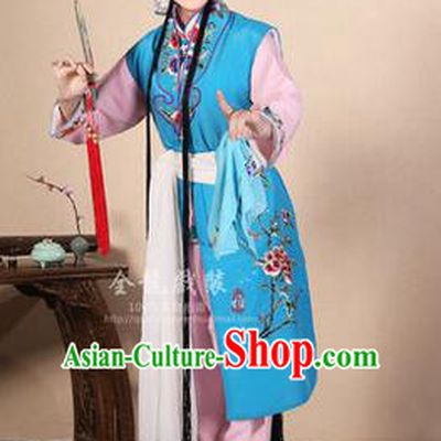 Traditional Chinese Beijing Opera Shaoxing Opera Young Female Blue Vest Clothing Complete Set, China Peking Opera Diva Role Hua Tan Costume Embroidered Opera Costumes