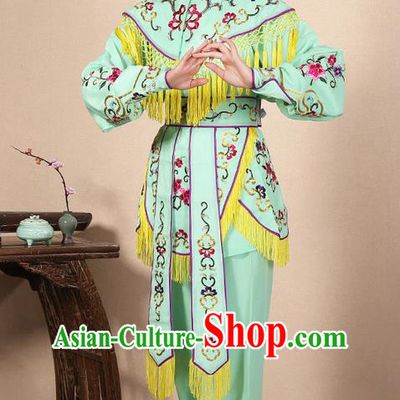 Traditional Chinese Beijing Opera Shaoxing Opera Magic Warriors Green Clothing and Shoes Complete Set, China Peking Opera Women Pawn Dress Costume Embroidered Opera Costumes