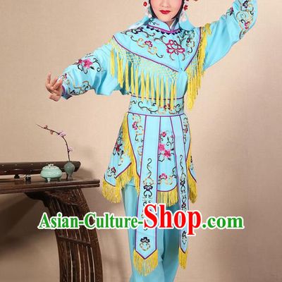 Traditional Chinese Beijing Opera Shaoxing Opera Magic Warriors Light Blue Clothing and Shoes Complete Set, China Peking Opera Women Pawn Dress Costume Embroidered Opera Costumes