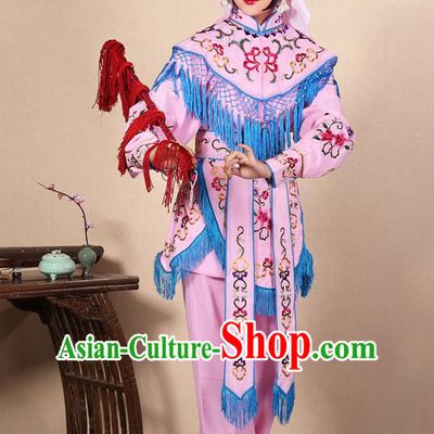 Traditional Chinese Beijing Opera Shaoxing Opera Magic Warriors Pink Clothing and Shoes Complete Set, China Peking Opera Women Pawn Dress Costume Embroidered Opera Costumes