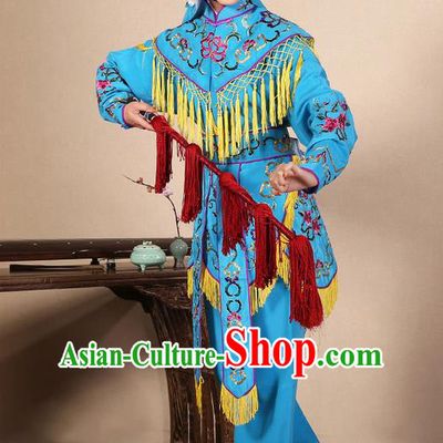 Traditional Chinese Beijing Opera Shaoxing Opera Magic Warriors Blue Clothing and Shoes Complete Set, China Peking Opera Women Pawn Dress Costume Embroidered Opera Costumes