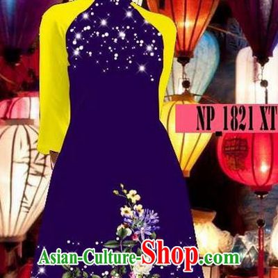 Top Grade Asian Vietnamese Costumes Classical Jing Nationality Deep Purple Cheongsam, Vietnam National Clothing Vietnamese Bride Traditional Printing Ao Dai Dress