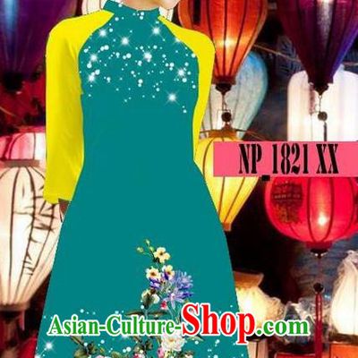 Top Grade Asian Vietnamese Costumes Classical Jing Nationality Green Cheongsam, Vietnam National Clothing Vietnamese Bride Traditional Printing Ao Dai Dress
