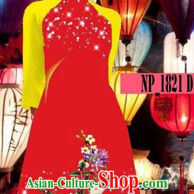 Top Grade Asian Vietnamese Costumes Classical Jing Nationality Red Cheongsam, Vietnam National Clothing Vietnamese Bride Traditional Printing Ao Dai Dress