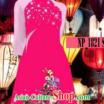 Top Grade Asian Vietnamese Costumes Classical Jing Nationality Pink Cheongsam, Vietnam National Clothing Vietnamese Bride Traditional Printing Ao Dai Dress