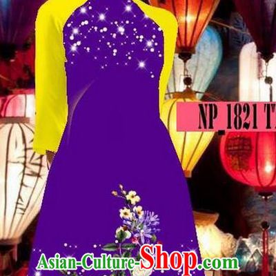 Top Grade Asian Vietnamese Costumes Classical Jing Nationality Purple Cheongsam, Vietnam National Clothing Vietnamese Bride Traditional Printing Ao Dai Dress