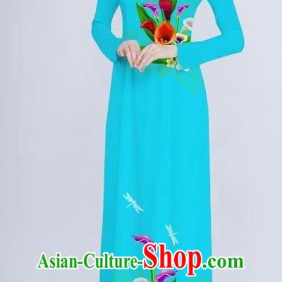 Top Grade Asian Vietnamese Costumes Classical Jing Nationality Long Cheongsam, Vietnam National Clothing Vietnamese Bride Traditional Printing Flowers Blue Ao Dai Dress