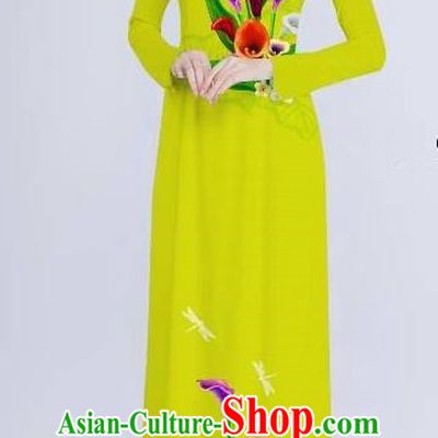 Top Grade Asian Vietnamese Costumes Classical Jing Nationality Long Cheongsam, Vietnam National Clothing Vietnamese Bride Traditional Printing Flowers Green Ao Dai Dress