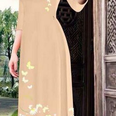 Top Grade Asian Vietnamese Clothing Classical Jing Nationality Long Cheongsam, Vietnam National Bride Traditional Printing Flowers Beige Ao Dai Dress for Women