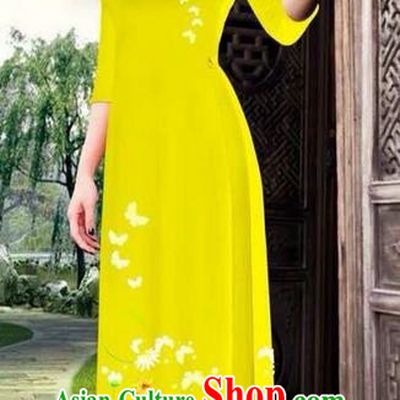 Top Grade Asian Vietnamese Clothing Classical Jing Nationality Long Cheongsam, Vietnam National Bride Traditional Printing Flowers Yellow Ao Dai Dress for Women