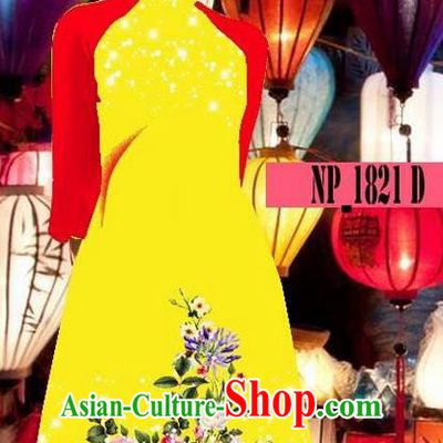 Top Grade Asian Vietnamese Costumes Classical Jing Nationality Yellow Cheongsam, Vietnam National Clothing Vietnamese Bride Traditional Printing Ao Dai Dress