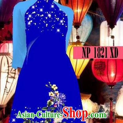 Top Grade Asian Vietnamese Costumes Classical Jing Nationality Royalblue Cheongsam, Vietnam National Clothing Vietnamese Bride Traditional Printing Ao Dai Dress