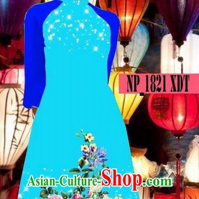 Top Grade Asian Vietnamese Costumes Classical Jing Nationality Blue Cheongsam, Vietnam National Clothing Vietnamese Bride Traditional Printing Ao Dai Dress