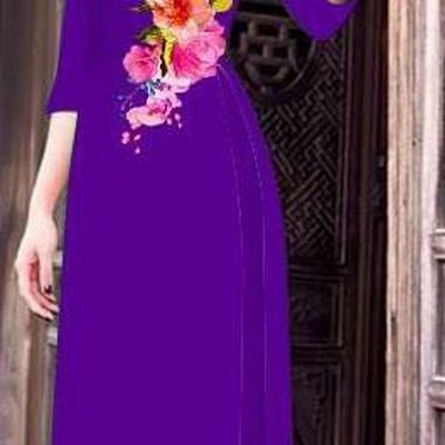 Top Grade Asian Vietnamese Costumes Classical Jing Nationality Long Cheongsam, Vietnam National Clothing Vietnamese Bride Traditional Printing Purple Ao Dai Dress