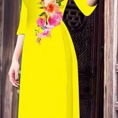 Top Grade Asian Vietnamese Costumes Classical Jing Nationality Long Cheongsam, Vietnam National Clothing Vietnamese Bride Traditional Printing Yellow Ao Dai Dress