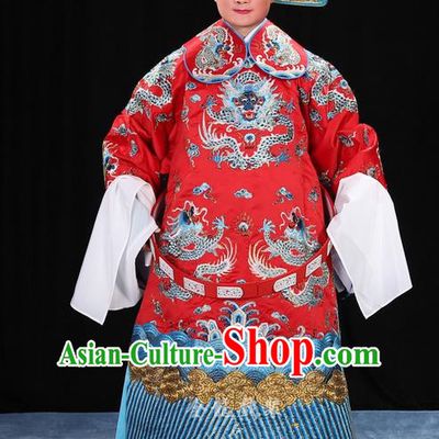 Traditional Chinese Beijing Opera Male Red Clothing and Belts Complete Set, China Peking Opera His Royal Highness Costume Embroidered Robe Dragon robe Opera Costumes