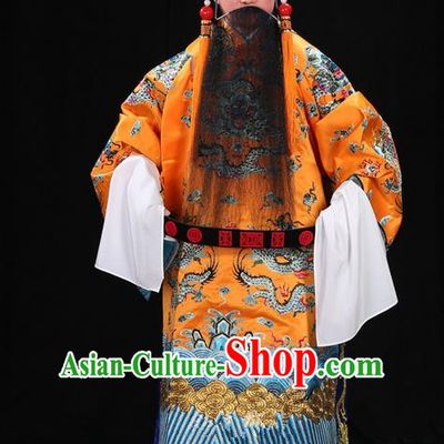 Traditional Chinese Beijing Opera Male Yellow Clothing and Belts Complete Set, China Peking Opera His Royal Highness Costume Embroidered Robe Dragon robe Opera Costumes