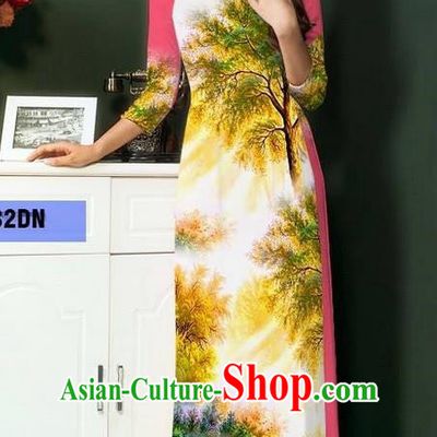 Top Grade Asian Vietnamese Clothing Classical Jing Nationality Handmade Cheongsam, Vietnam National Bride Traditional Printing Pink Ao Dai Dress for Women