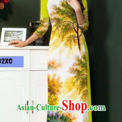 Top Grade Asian Vietnamese Clothing Classical Jing Nationality Handmade Cheongsam, Vietnam National Bride Traditional Printing Green Ao Dai Dress for Women
