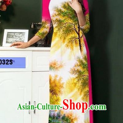 Top Grade Asian Vietnamese Clothing Classical Jing Nationality Handmade Cheongsam, Vietnam National Bride Traditional Printing Rosy Ao Dai Dress for Women