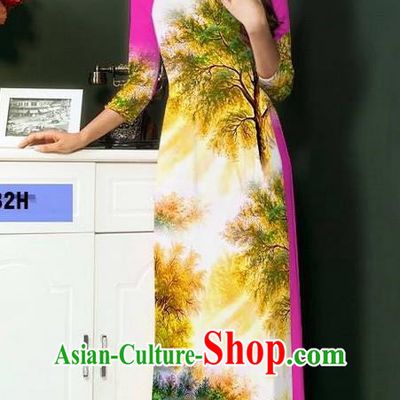 Top Grade Asian Vietnamese Clothing Classical Jing Nationality Handmade Cheongsam, Vietnam National Bride Traditional Printing Light Purple Ao Dai Dress for Women