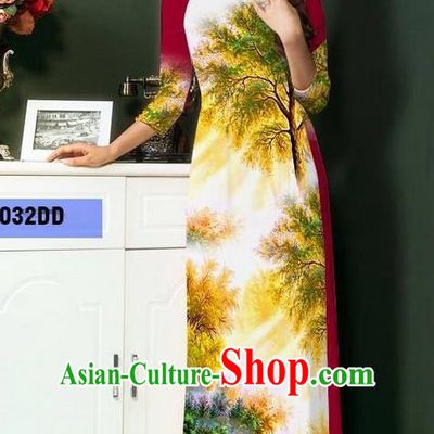 Top Grade Asian Vietnamese Clothing Classical Jing Nationality Handmade Cheongsam, Vietnam National Bride Traditional Printing Wine Red Ao Dai Dress for Women