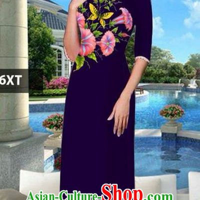 Traditional Top Grade Asian Vietnamese Jing Nationality Classical Ao Dai Dress, Vietnam National Bride Printing Deep Purple Cheongsam Costumes for Women