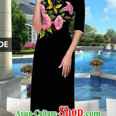 Traditional Top Grade Asian Vietnamese Jing Nationality Classical Ao Dai Dress, Vietnam National Bride Printing Black Cheongsam Costumes for Women