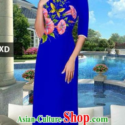 Traditional Top Grade Asian Vietnamese Jing Nationality Classical Ao Dai Dress, Vietnam National Bride Printing Royalblue Cheongsam Costumes for Women