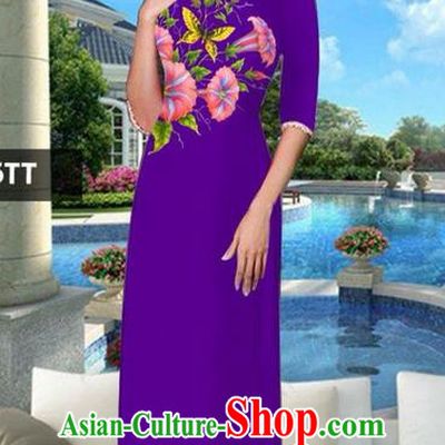 Traditional Top Grade Asian Vietnamese Jing Nationality Classical Ao Dai Dress, Vietnam National Bride Printing Purple Cheongsam Costumes for Women