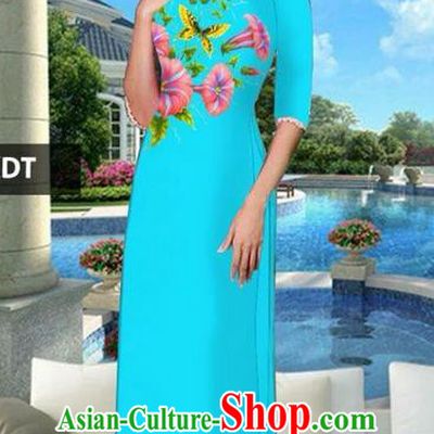 Traditional Top Grade Asian Vietnamese Jing Nationality Classical Ao Dai Dress, Vietnam National Bride Printing Blue Cheongsam Costumes for Women