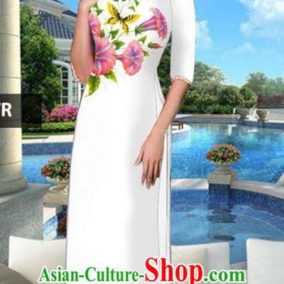 Traditional Top Grade Asian Vietnamese Jing Nationality Classical Ao Dai Dress, Vietnam National Bride Printing White Cheongsam Costumes for Women
