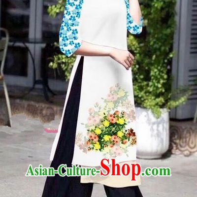 Traditional Top Grade Asian Vietnamese Jing Nationality Classical Ao Dai Dress, Vietnam National Bride Printing White Short Cheongsam Costumes for Women