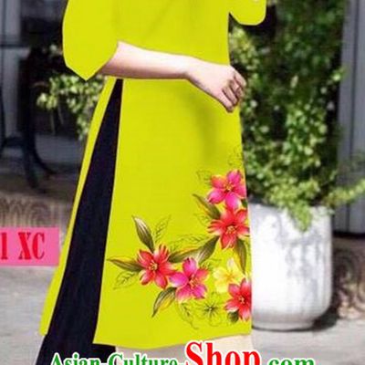 Traditional Top Grade Asian Vietnamese Jing Nationality Ha Festival Ao Dai Dress, Vietnam National Bride Printing Green Short Cheongsam Costumes for Women
