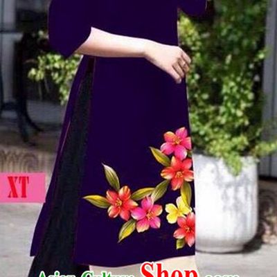 Traditional Top Grade Asian Vietnamese Jing Nationality Ha Festival Ao Dai Dress, Vietnam National Bride Printing Deep Purple Short Cheongsam Costumes for Women