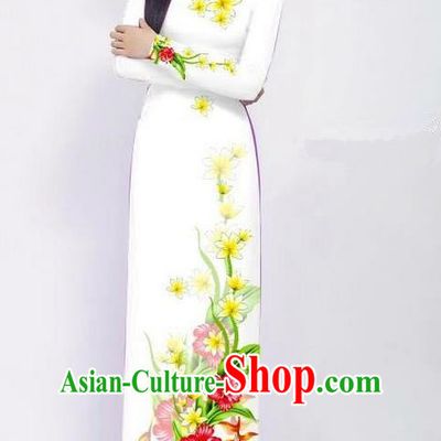 Traditional Top Grade Asian Vietnamese Jing Nationality Ha Festival Long Ao Dai Dress, Vietnam National Bride Printing White Cheongsam Costumes for Women