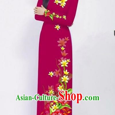 Traditional Top Grade Asian Vietnamese Jing Nationality Ha Festival Long Ao Dai Dress, Vietnam National Bride Printing Red Cheongsam Costumes for Women