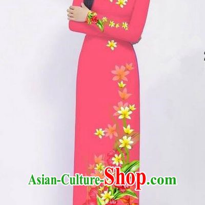Traditional Top Grade Asian Vietnamese Jing Nationality Ha Festival Long Ao Dai Dress, Vietnam National Bride Printing Pink Cheongsam Costumes for Women