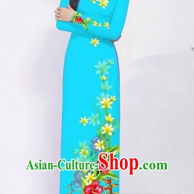 Traditional Top Grade Asian Vietnamese Jing Nationality Ha Festival Long Ao Dai Dress, Vietnam National Bride Printing Blue Cheongsam Costumes for Women
