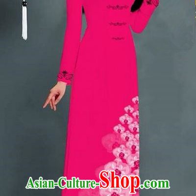 Traditional Top Grade Asian Vietnamese Jing Nationality Ha Festival Long Ao Dai Dress, Vietnam National Bride Printing Rosy Stand Collar Cheongsam Costumes for Women