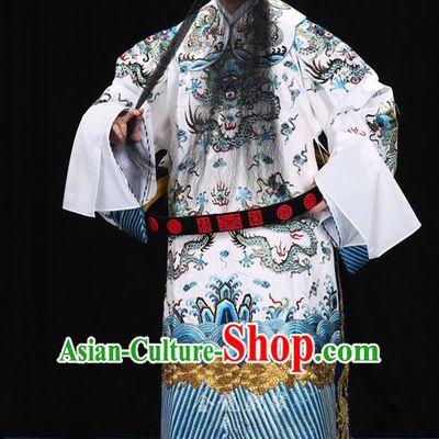 Traditional Chinese Beijing Opera Male White Clothing and Belts Complete Set, China Peking Opera His Royal Highness Costume Embroidered Robe Dragon robe Opera Costumes