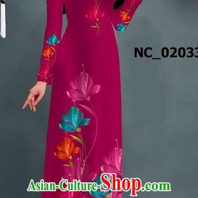 Traditional Top Grade Asian Vietnamese Jing Nationality Ha Festival Long Ao Dai Dress, Vietnam National Bride Printing Red Stand Collar Cheongsam Costumes for Women