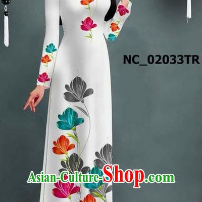 Traditional Top Grade Asian Vietnamese Jing Nationality Ha Festival Long Ao Dai Dress, Vietnam National Bride Printing White Stand Collar Cheongsam Costumes for Women