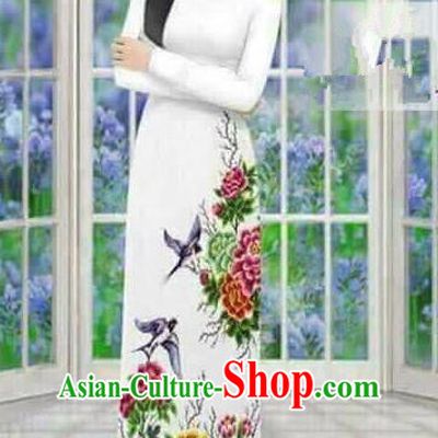 Traditional Top Grade Asian Vietnamese Ha Festival Long Ao Dai Dress, Vietnam National Jing Nationality Printing Peony Cheongsam Costumes for Women