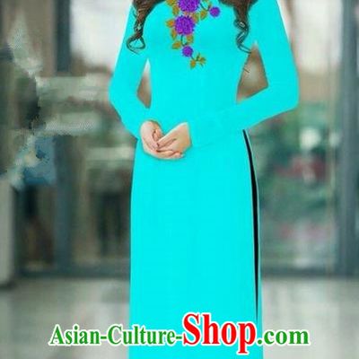 Traditional Top Grade Asian Vietnamese Ha Festival Blue Long Ao Dai Dress, Vietnam National Jing Nationality Printing Cheongsam Costumes for Women