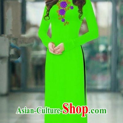 Traditional Top Grade Asian Vietnamese Ha Festival Green Long Ao Dai Dress, Vietnam National Jing Nationality Printing Cheongsam Costumes for Women
